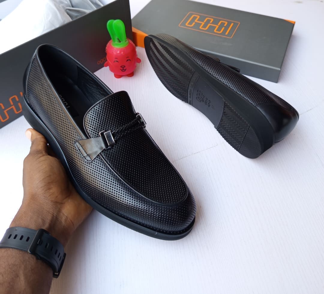 > OGGI Black Perforated Leather Loafer shoe.