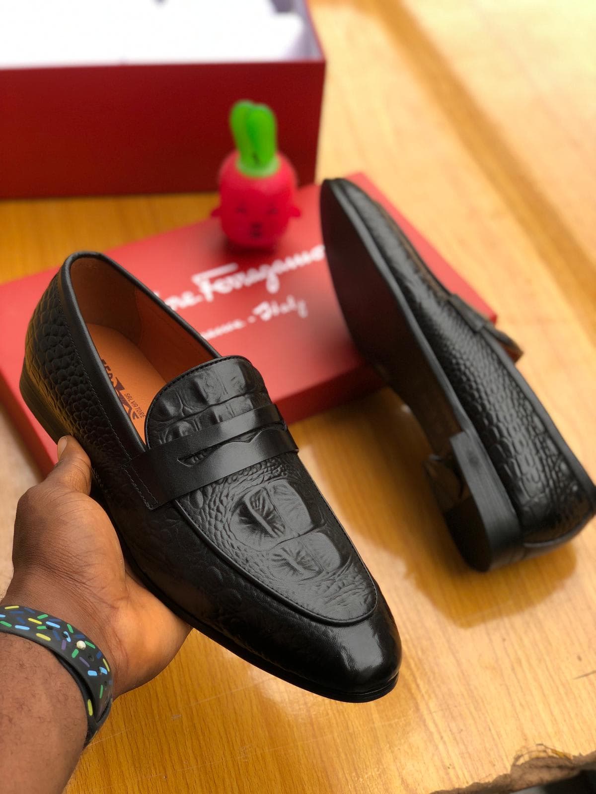 Salvatore Ferragamo Black Crocodile Skin Loafer shoe
